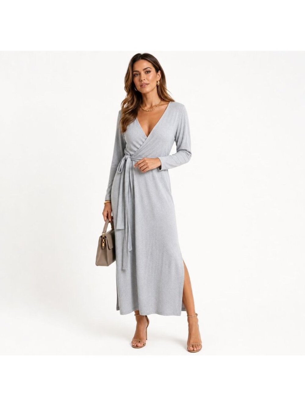 Splendid Gray Long Sleeve Soft Jersey Wrap Dress Belted Viscose Womens L Classic